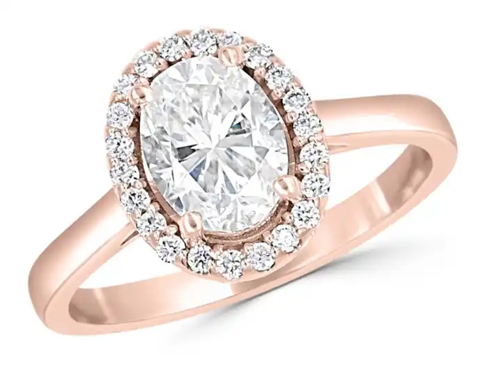Haute Qualité Bague Bristol Media diamant de laboratoire ovale 1.00ct et halo de diamants en rose 14k