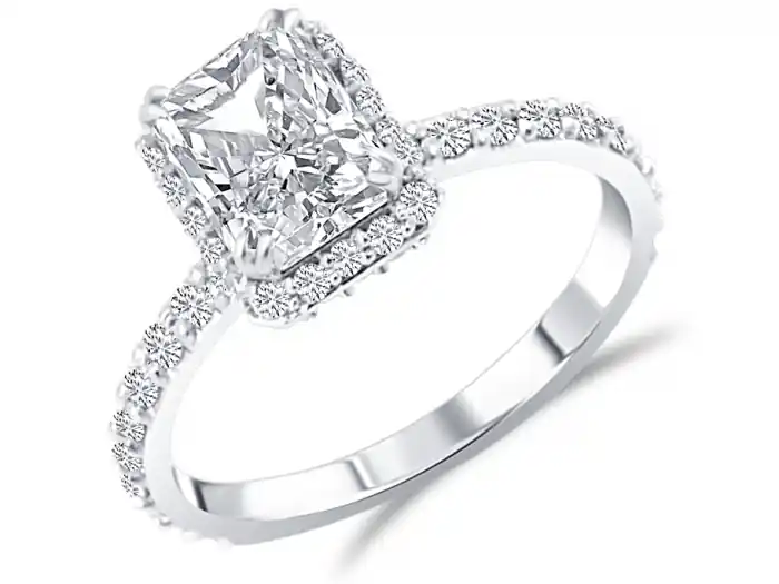 Bague Radieuse diamant de laboratoire taille radiant et halo double en or blanc 14k pour femme Meilleur Prix