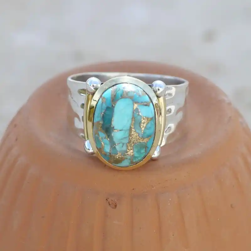 Bague argent martele laiton dore pierre ovale en Turquoise T61 Dernier Modèle
