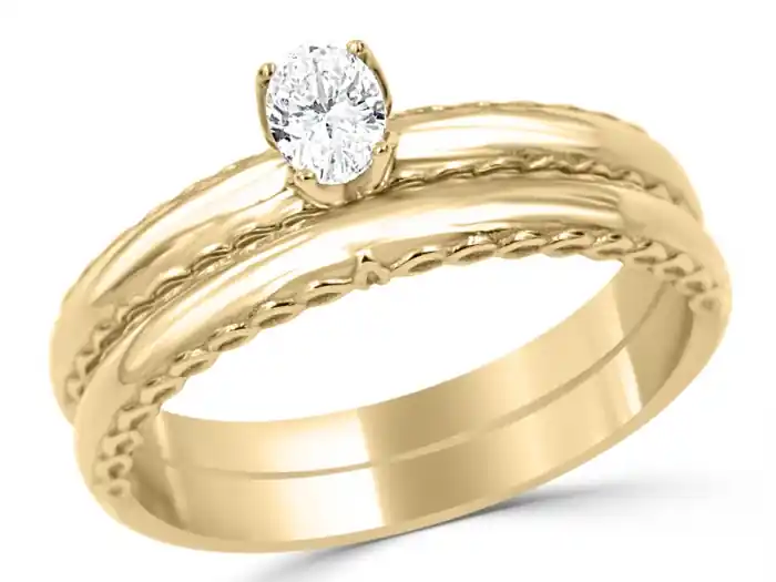 Alliances Polina solitaire diamant taille ovale et gravures antiques en or jaune 14k Tendance