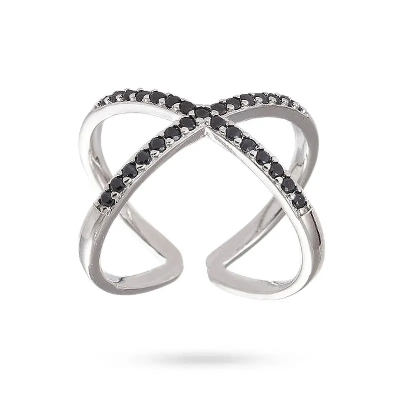 Marque Bague femme réglable entrecroisée diamants CZ noir sertis