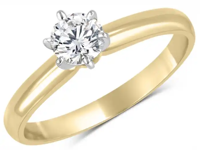 Bague Bella soliltaire .40ct serti six griffes et anneau bombé en or jaune et blanc 14k Bon Marché