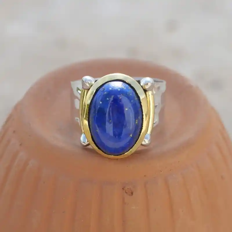 Bague argent martele laiton dore pierre ovale en Lapis lazuli T54 Garantie Incluse