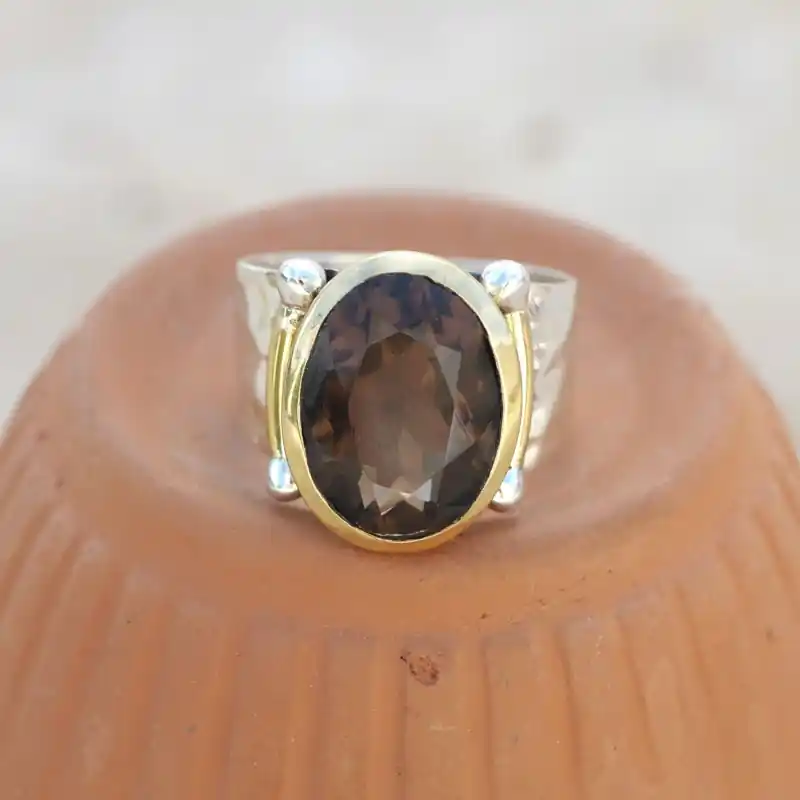Bague argent martele laiton dore pierre ovale en Quartz fume T54 Livraison Express
