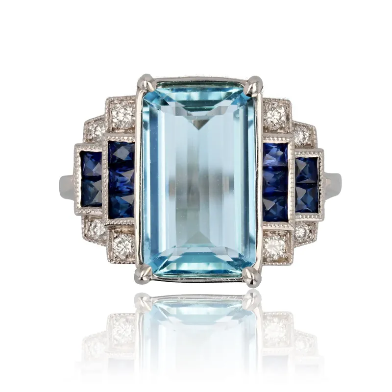 Prix Cassé Bague aigue-marine saphirs et diamants style art déco