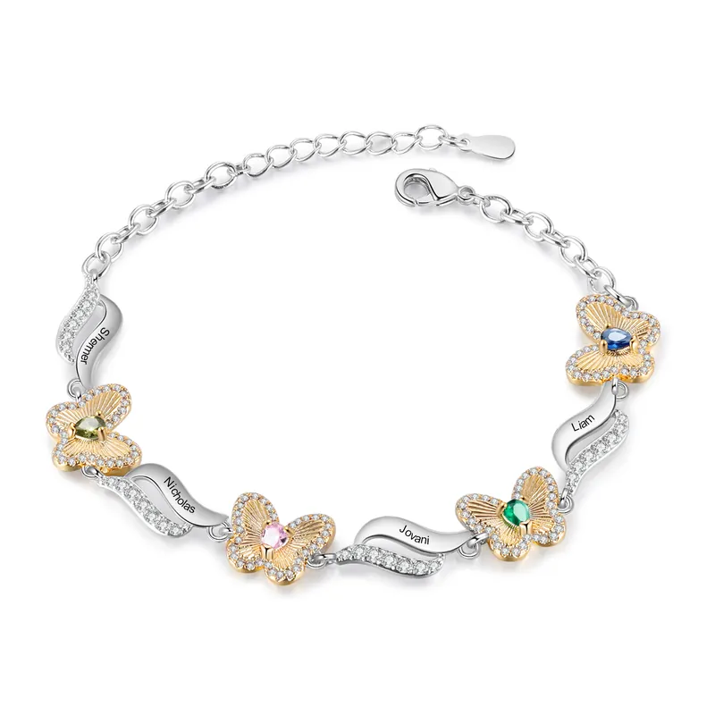 Bracelet Papillon 4 Prénoms Personnalisés avec 4 Pierres de Naissance-Cadeau pour Femme Commander Maintenant