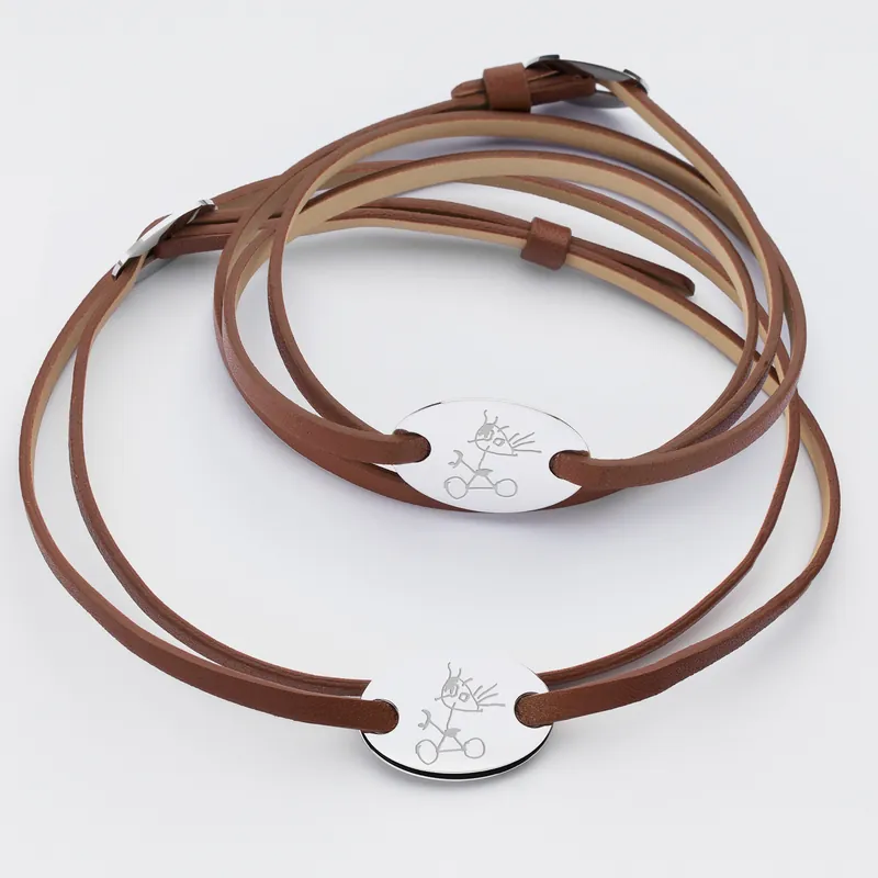 Super Prix Duo de bracelets cuir personnalisés médailles gravées argent ovales 2 trous 25x16 mm
