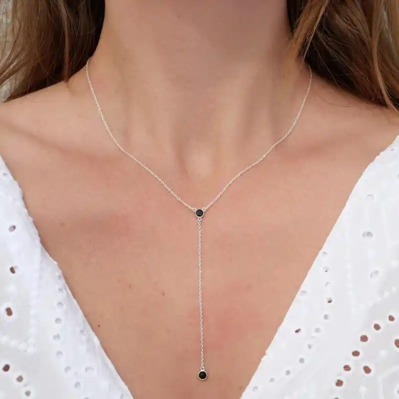 Collier cravate argent et 2 petites pierres en Onyx noir Vente Flash