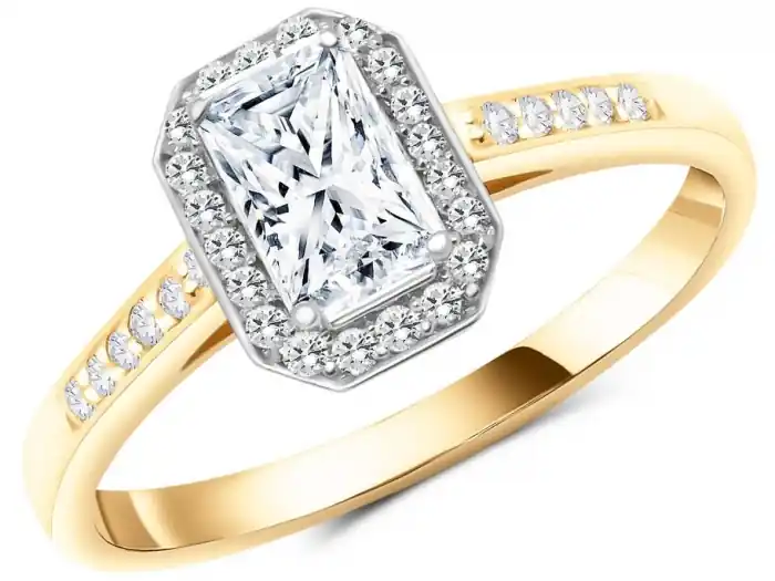 Petit Prix Bague Altesse diamant de laboratoire taille émeraude et halo de diamants en or jaune et blanc 14k
