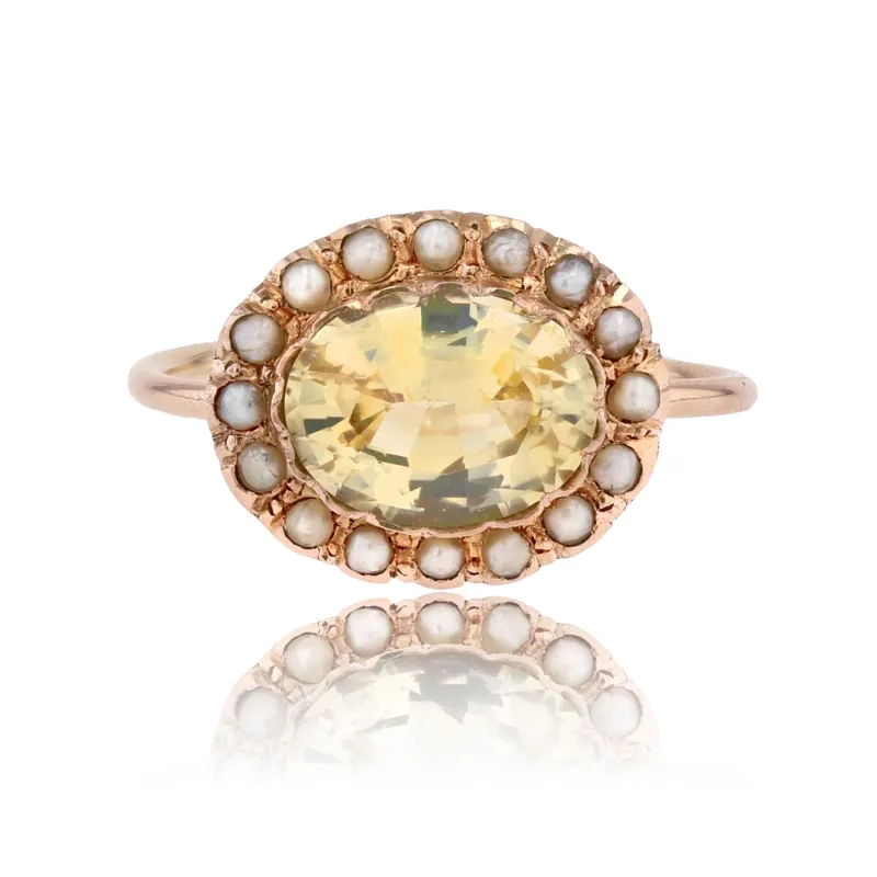 Solde Bague ancienne saphir jaune naturel et perles fines