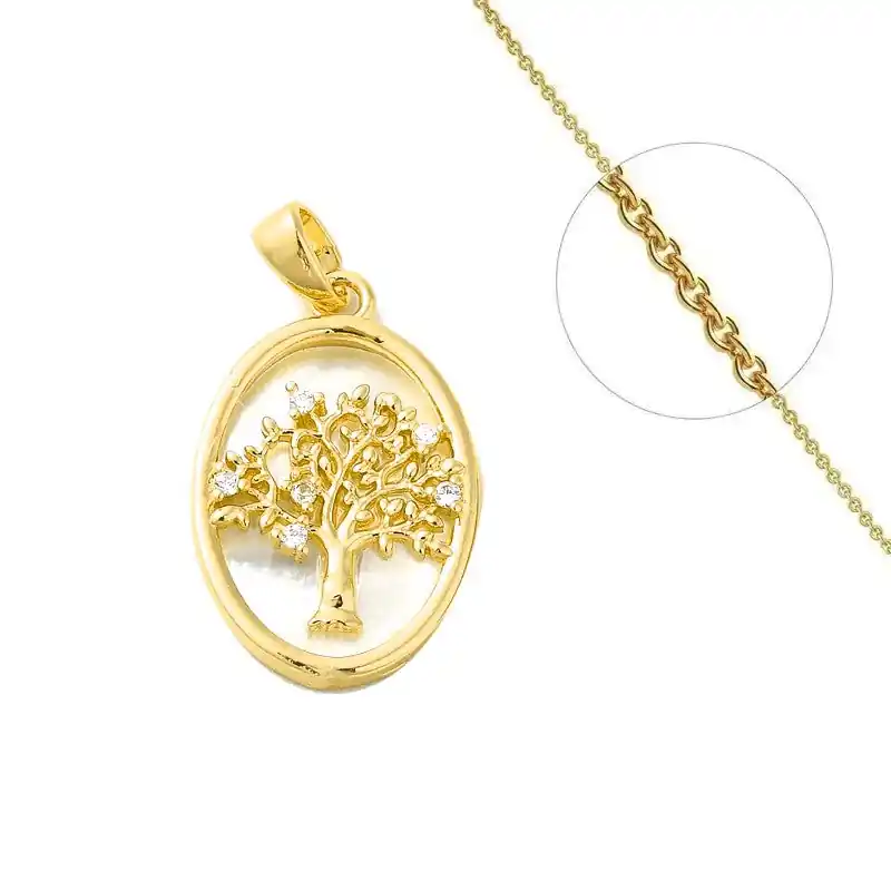 Tendance Collier chaîne et pendentif nacre arbre de vie zirconiums blancs sertis