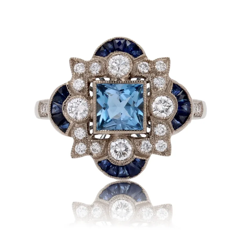 Seulement Aujourd’hui Bague style Art déco aigue-marine diamants saphirs