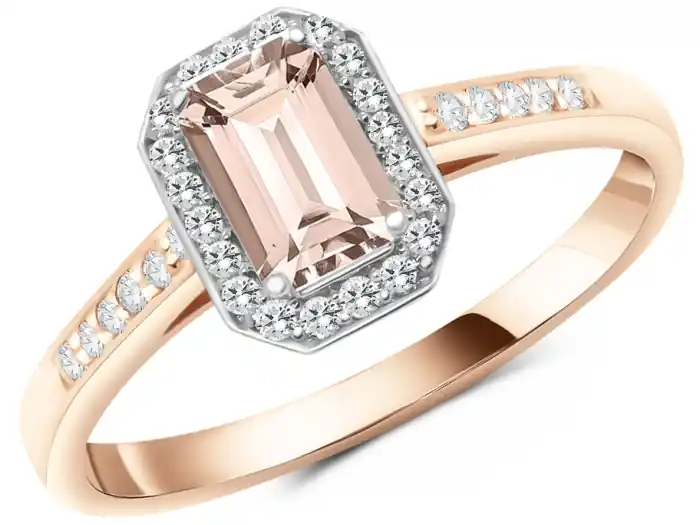 Bon Plan Bague Altesse morganite taille émeraude et halo de diamants en or 14k rose gold et blanc
