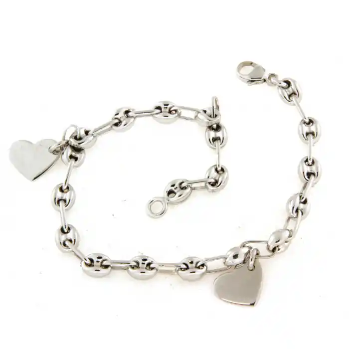 Prix Bas Bracelet argent grain de café deux petits coeurs