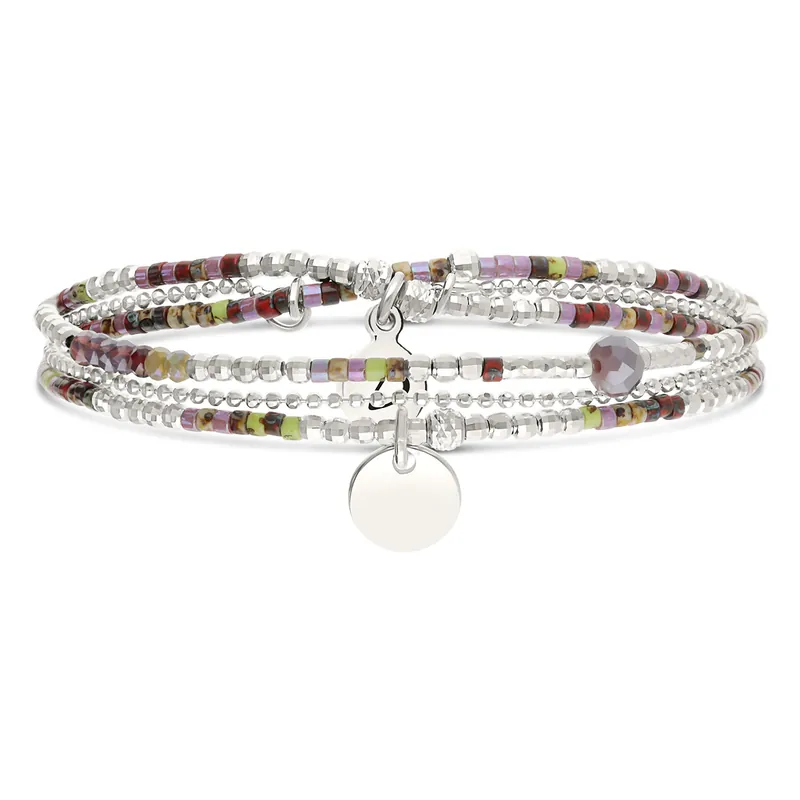 Bracelet Élastique 2 Tours Argent 925 Violet Kaki Perle Violette Pastille Gravable En Vogue