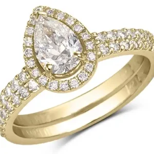 Vente Directe Set d'alliances Bluma diamant de laboratoire taille poire et halo en or jaune 14k