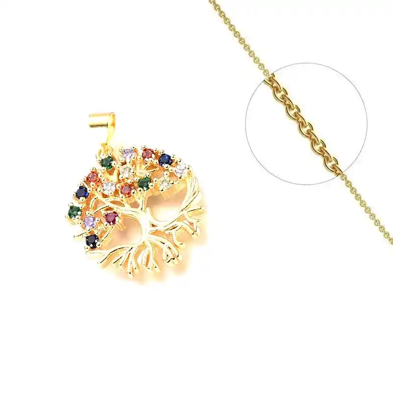 Collier chaîne et pendentif arbre de vie zirconiums couleurs sertis Certifié
