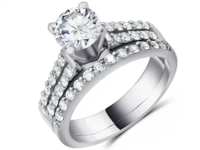 Set d'alliances Mariah solitaire pavé trois rangs 1.45ct total diamants en or blanc 14k Pas Cher