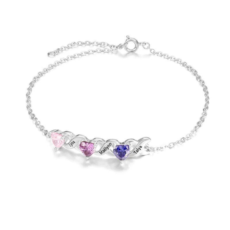 Meilleur Prix Bracelet à Breloque 3 Prénoms Personnalisé avec 3 Pierres de Naissance