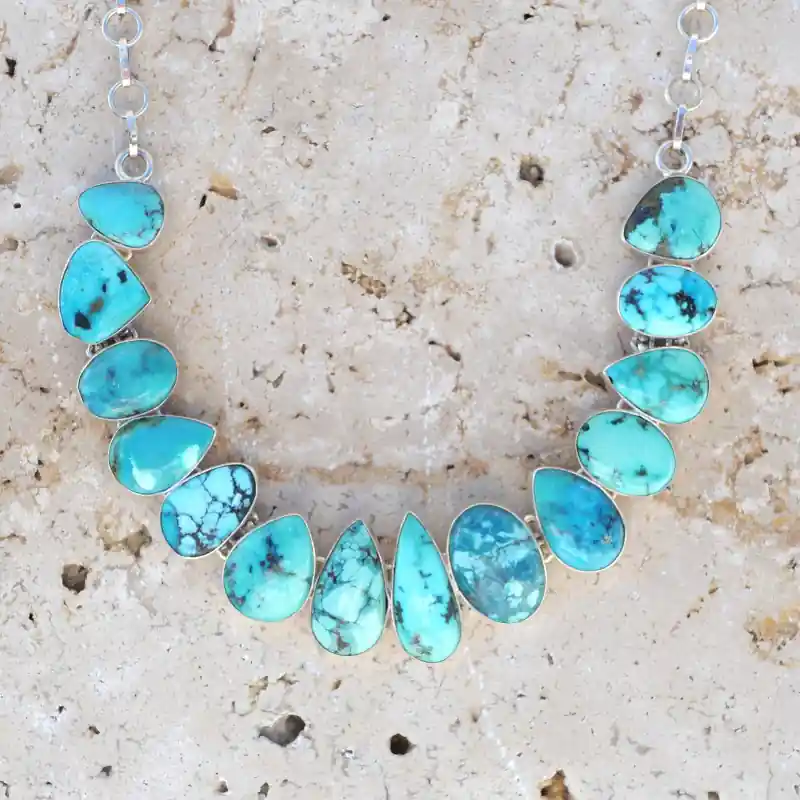 Collier plastron en argent et grosses pierres Turquoise Retour Gratuit