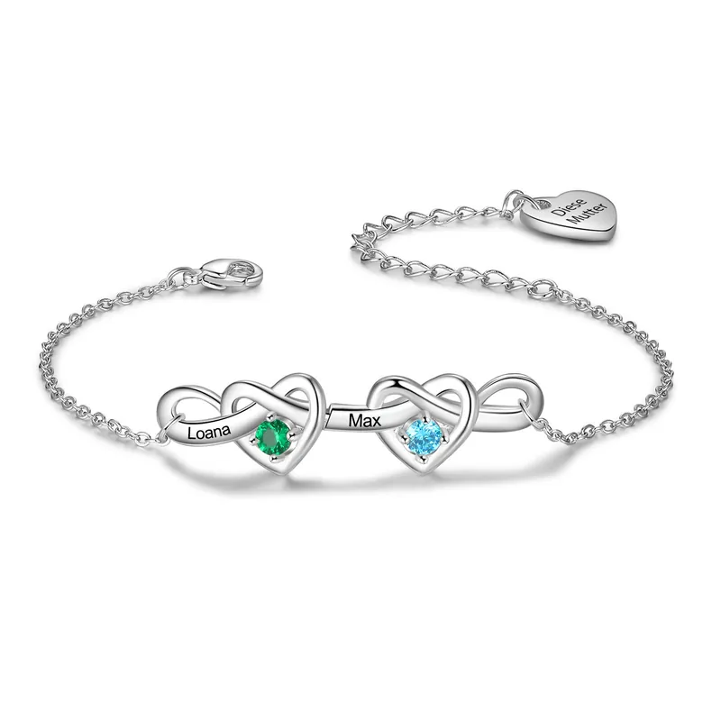 Retour Gratuit Bracelet Cœur 2 Prénoms et 1 Texte Personnalisés avec 2 Pierres de Naissance pour Femme | Jessemade