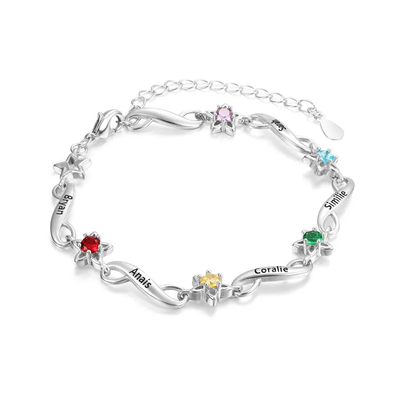 Bracelet infini à Breloque 5 Prénom Personnalisé avec 5 Pierre de Naissance Produit De Marque