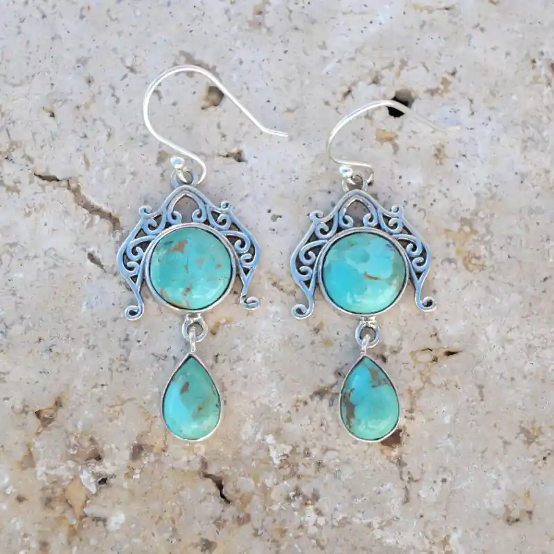 Meilleure Qualité Boucles d'oreilles pendantes argent ajoure et Turquoise