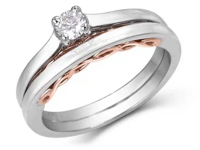 Livraison Gratuite Set d'alliances Panta solitaire diamant 16 points profil symbole infini en or blanc et rose 10k