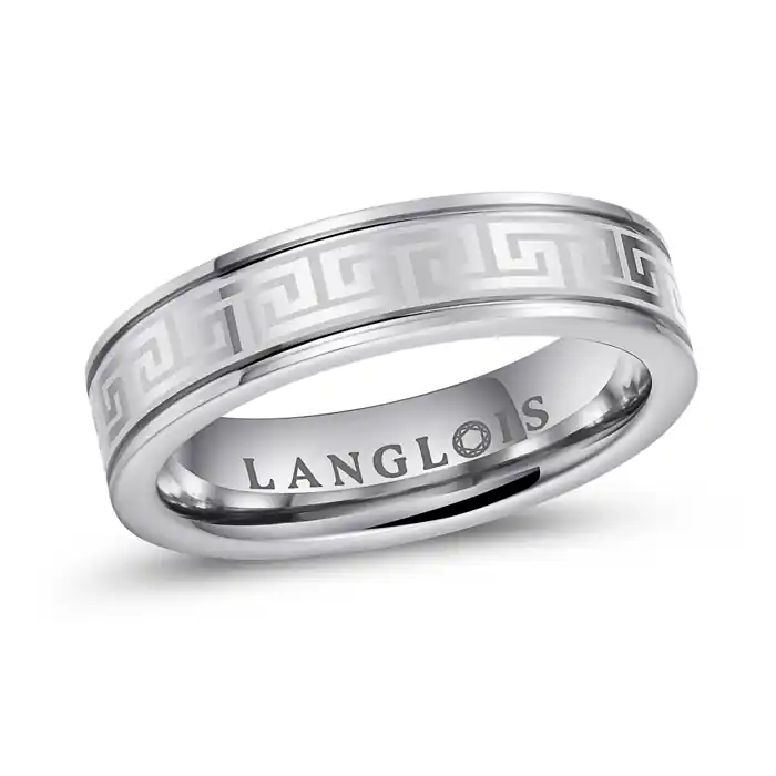 Exclusif Mykanos – Alliance femme en tungstène 5 mm avec motif grec gravé versace et bordures polies, collection couple