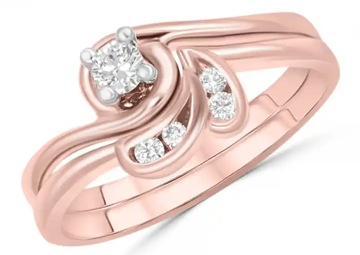 Expédition Rapide Set d'alliances Kalmie diamant solitaire .09ct et pétales de diamants en or rose 14k
