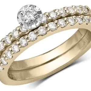 Vente Flash Set d'alliances Hypno solitaire diamant illusion et semi-éternité droit en or jaune 14k