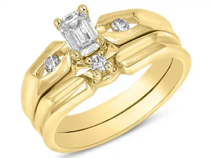 Set d'alliances Mazurka trinité diamant de laboratoire taille émeraude en or jaune 14k pour femme Achat Immédiat