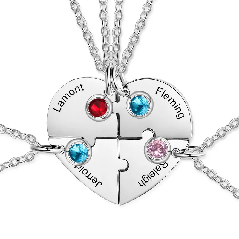 Collier breloque Coeur 4 Prénoms personnalisée avec 4 pierres naissance Meilleure Qualité