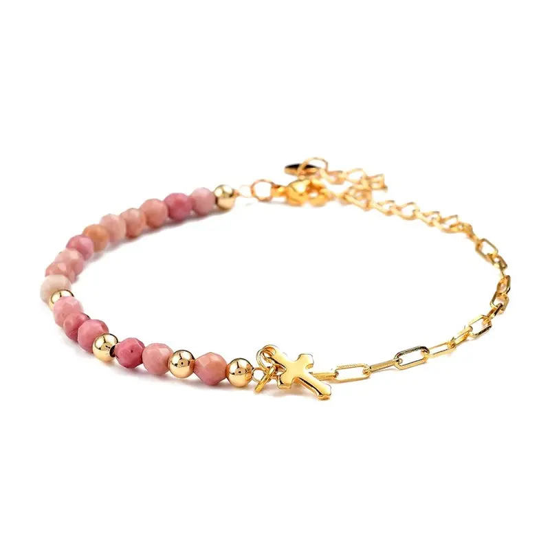 Must-Have Bracelet pour femme - perles naturelles rhodonite breloque croix