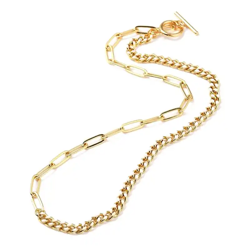 Expédié Aujourd’hui Collier chaîne trombone et gourmette émaillé blanc plaqué 18K