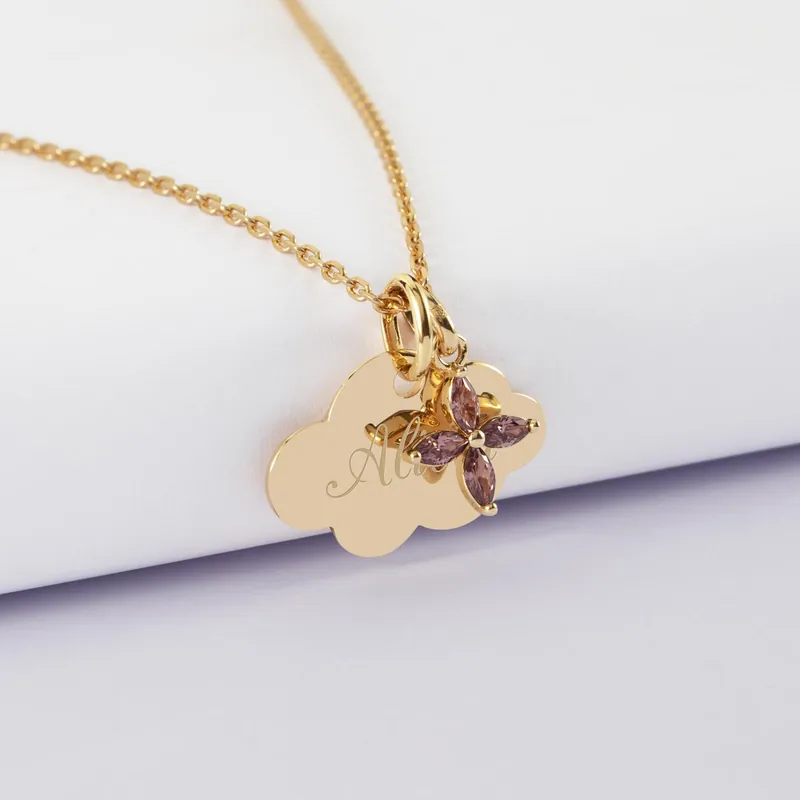 Soldes Pendentif enfant personnalisé médaille gravée plaqué or nuage 20x14 mm et breloque fleur pétales zircons 10 mm