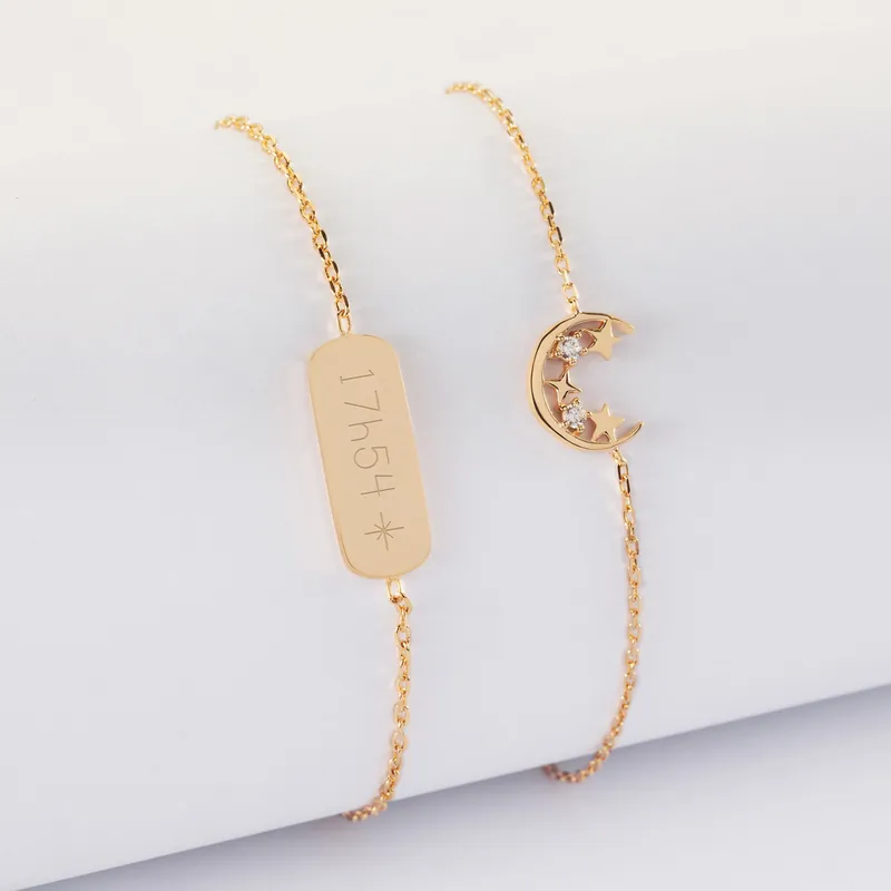 Top Qualité Duo bracelets personnalisés chaine lune scintillante et médaille gravée plaqué or plaque 20x8 mm - HappyBulle x Capucine