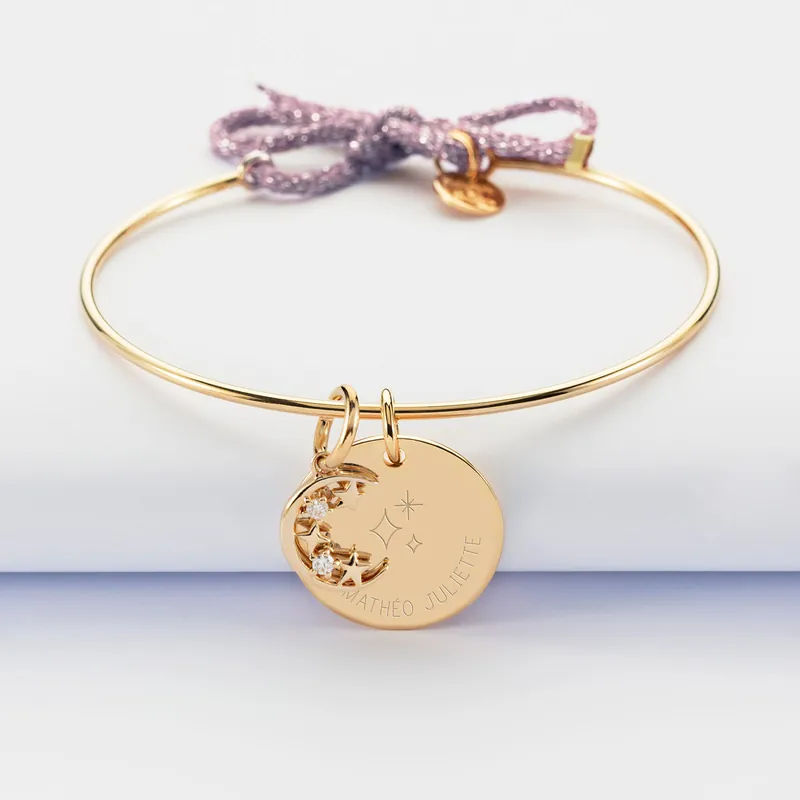 Produit De Marque Bracelet personnalisé jonc plaqué or cordon pailleté médaille gravée 19 mm et breloque lune scintillante 11 mm - HappyBulle x Capucine