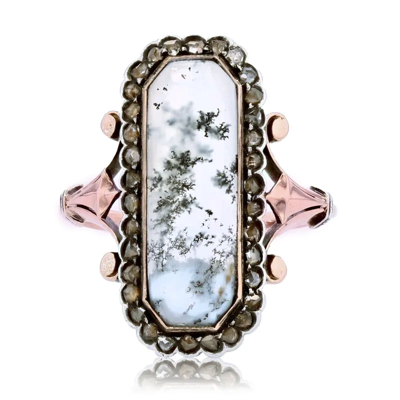 Livraison Gratuite Bague ancienne agate à dentrite et diamants