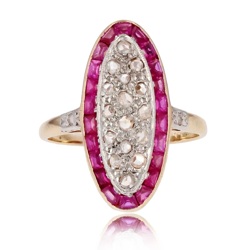 Bague ancienne diamants rubis navette Livraison Express