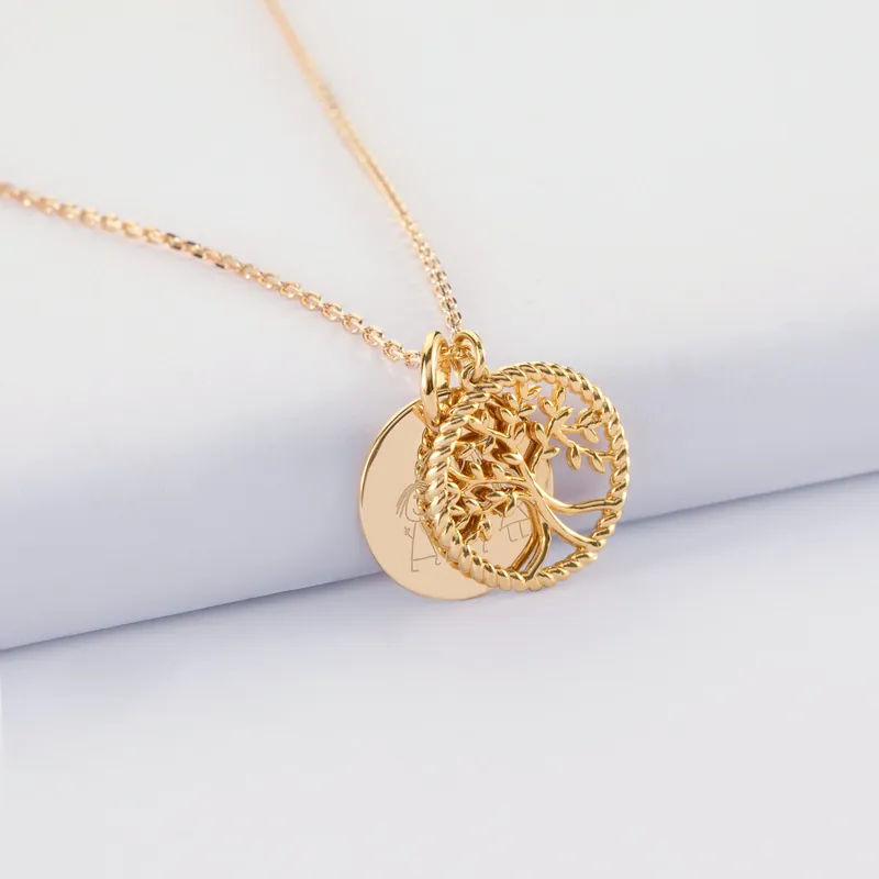 Acheter En Ligne Pendentif personnalisé médaille gravée plaqué or 15 mm et breloque arbre de vie contour torsadé 16 mm