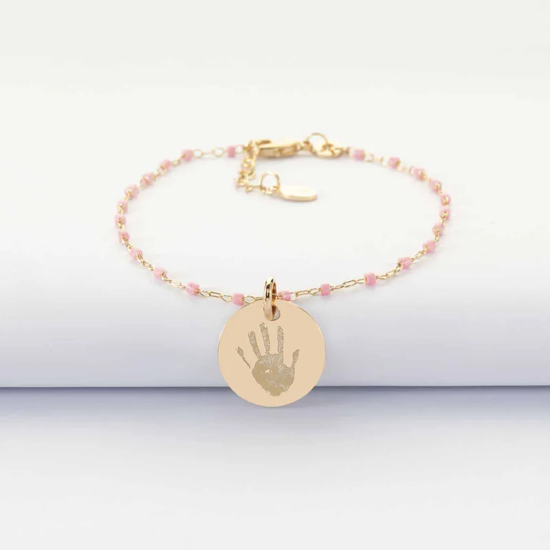 Solde Bracelet perles Miyuki colorées personnalisé médaille gravée plaqué or 15 mm