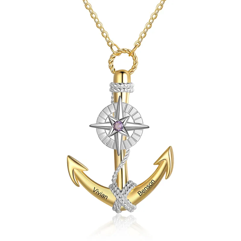 Vente Directe Collier d'ancre marine nautique Pirate ancre pendentif 2 Prénom Personnalisés avec pierre de naissance | Jessemade