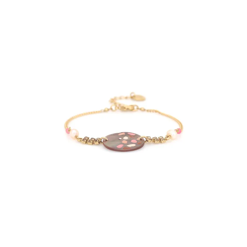 Prix Promo Bracelet ajustable médaillon nacre émaillée - Fauve
