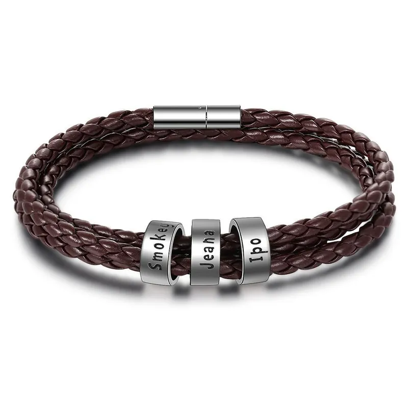 Seulement Aujourd’hui Bracelet Prénom Cuir tressé Prénom Personnalisé Avec 3 Perles pour Homme|Jessemade