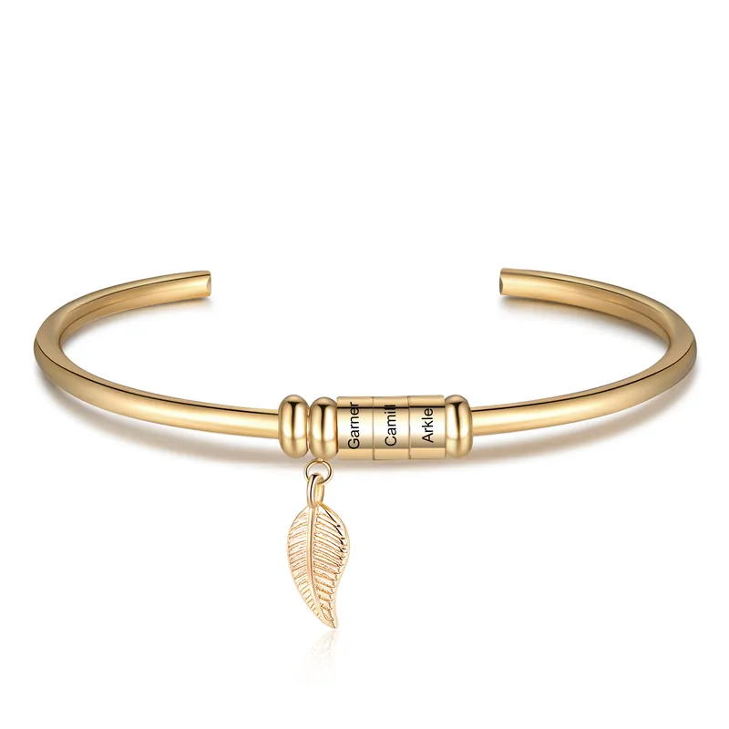 Usine Directe Bracelet jonc breloque feuille Bracelet Personnalisé Femme 3 prénom personnalisé|Jessemade