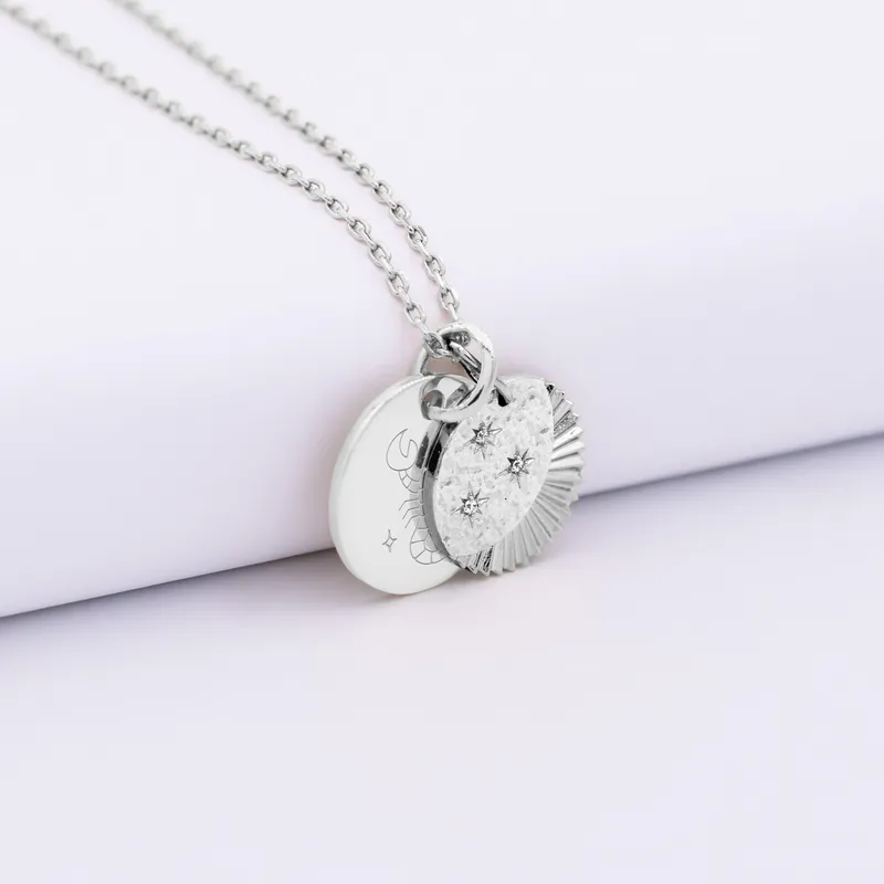 Super Prix Pendentif personnalisé médaille gravée argent 15 mm et breloque Lune trio zircons 14 mm