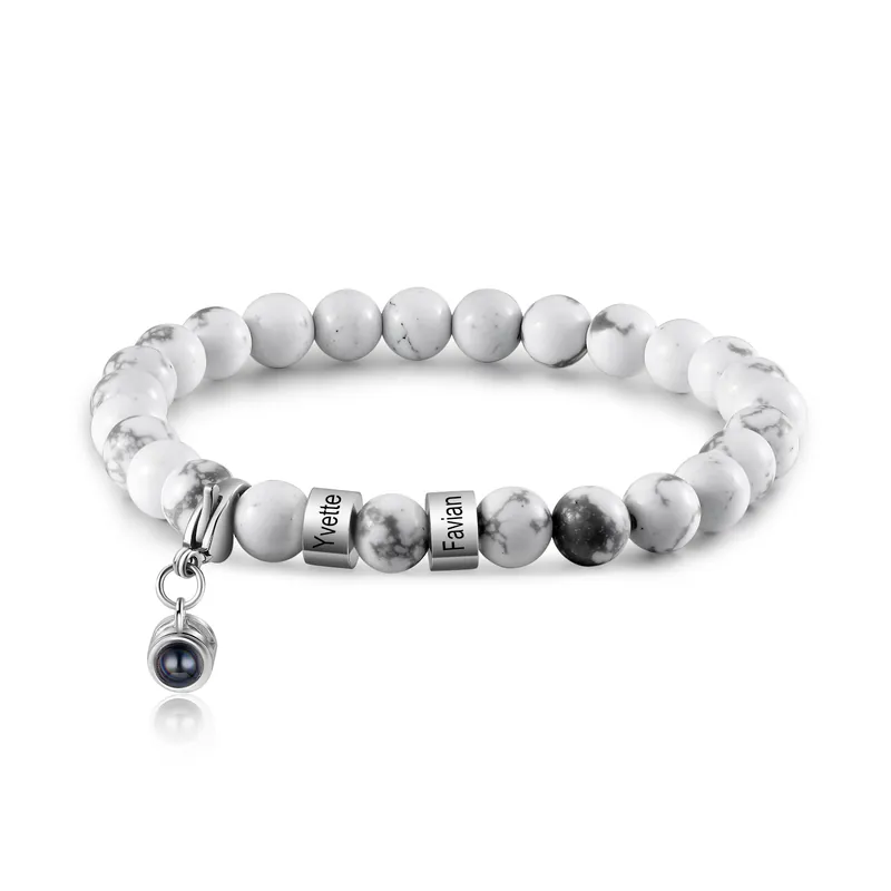 Bracelet 2 Prénoms Personnalisés avec Photo Bracelet Photo Projection Bracelet en Magnésite Blanc|Jessemade Pas Cher