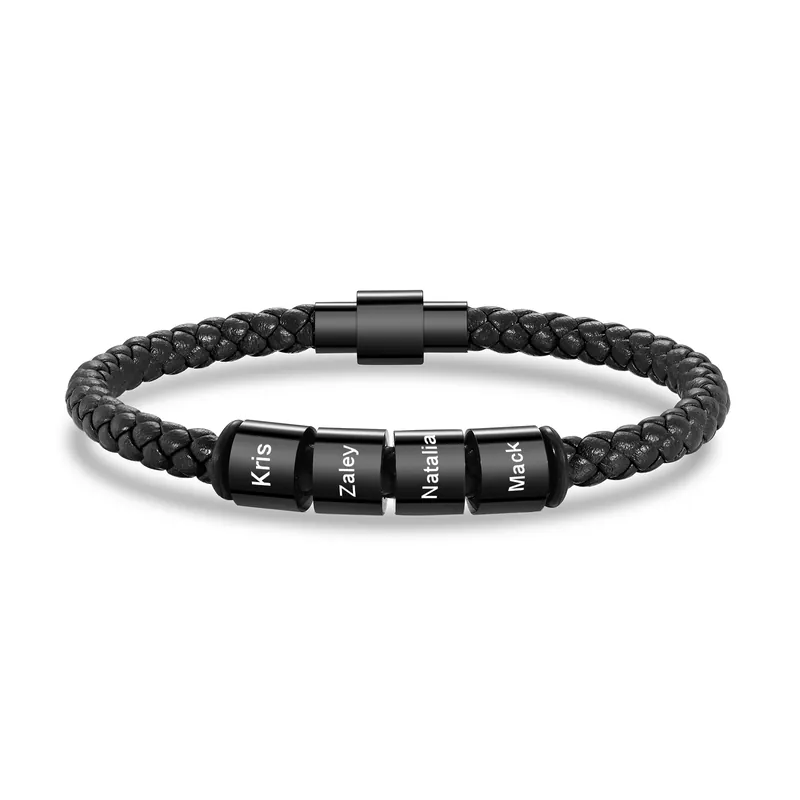 Bracelet en Cuir tressé 4 Prénoms Personnalisés Bracelet Homme | Cadeau Fête des Pères | Jessemade Top Qualité