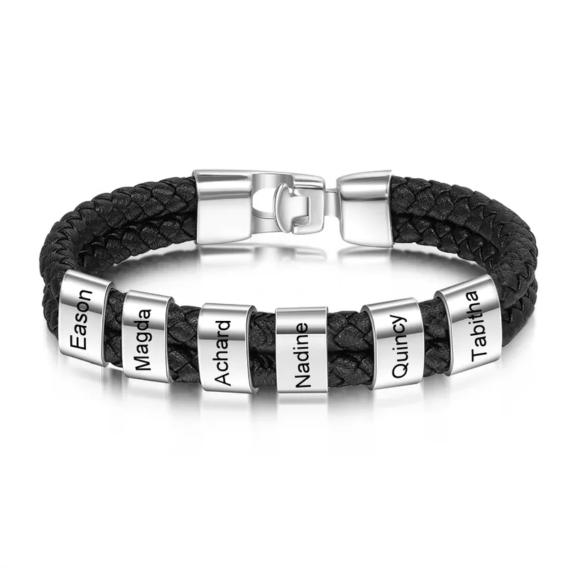 Bracelet Cuir tressé 6 Perles Prénom Personnalisé Bracelet Homme Offre Exclusive